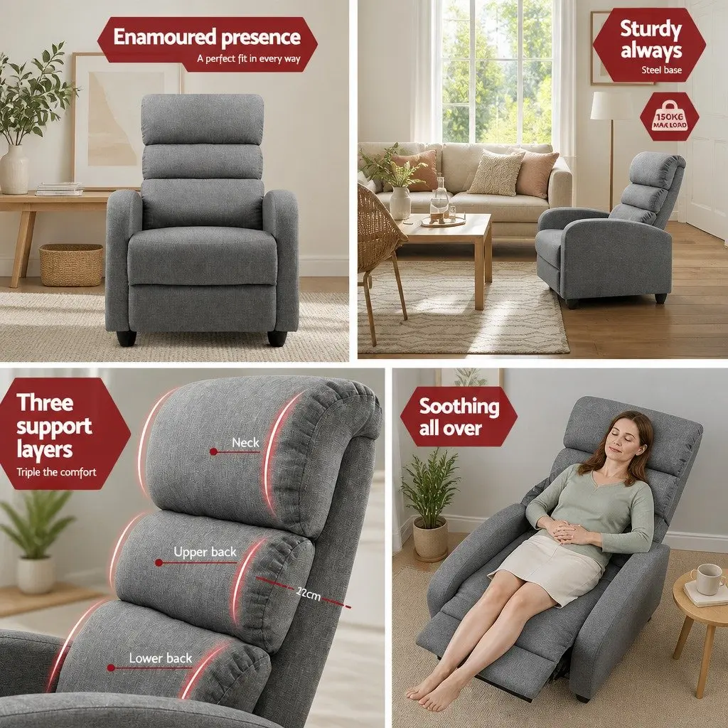 Grey Recliner Armchair with Footrest and Support