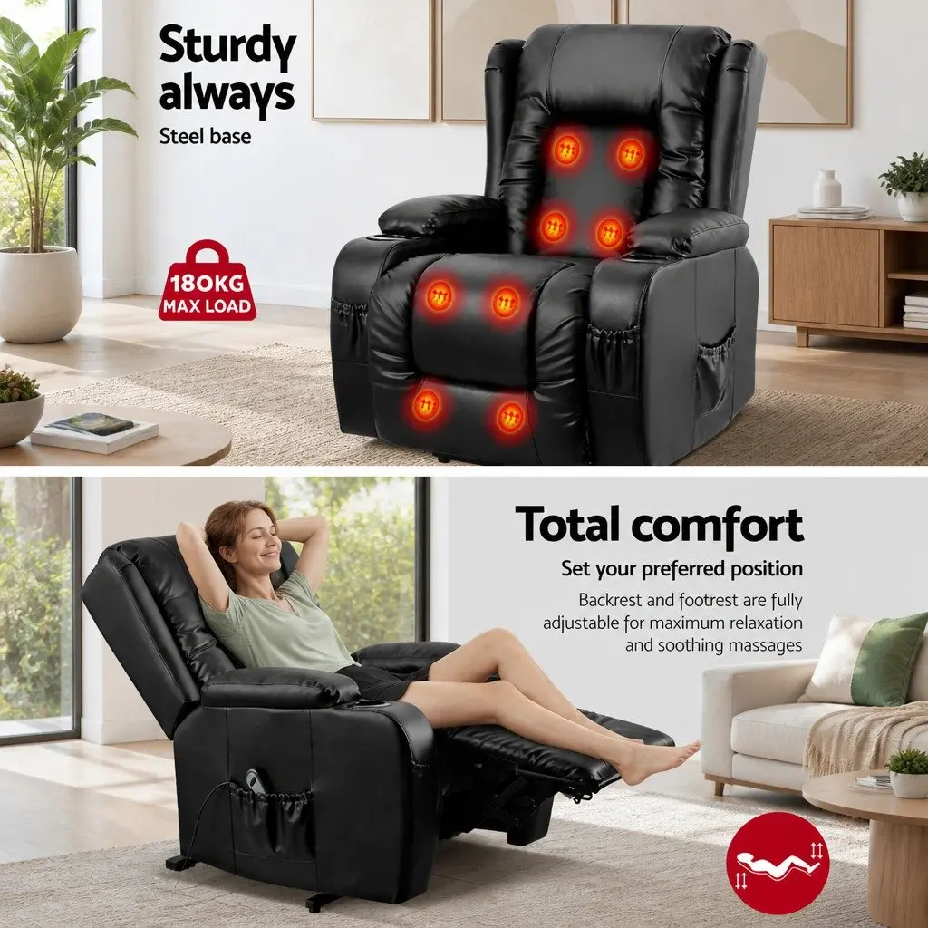 Massage Recliner Chair Lift Assist Heated Adjustable Footrest Black Leather