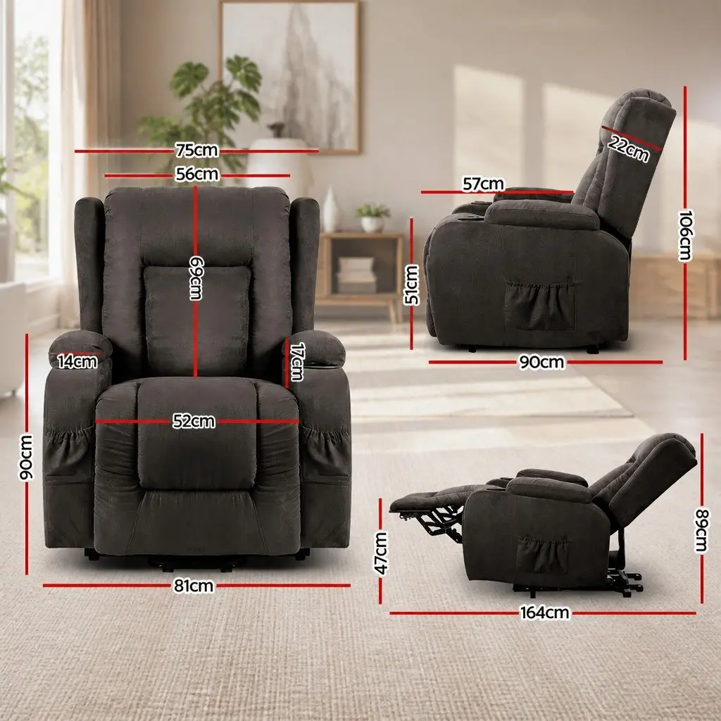Massage Recliner Chair Lift Assist 8-Point Heated Adjustable Backrest Footrest Grey