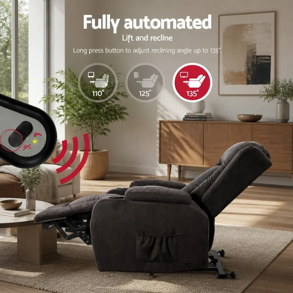 Massage Recliner Chair Lift Assist 8-Point Heated Adjustable Backrest Footrest Grey