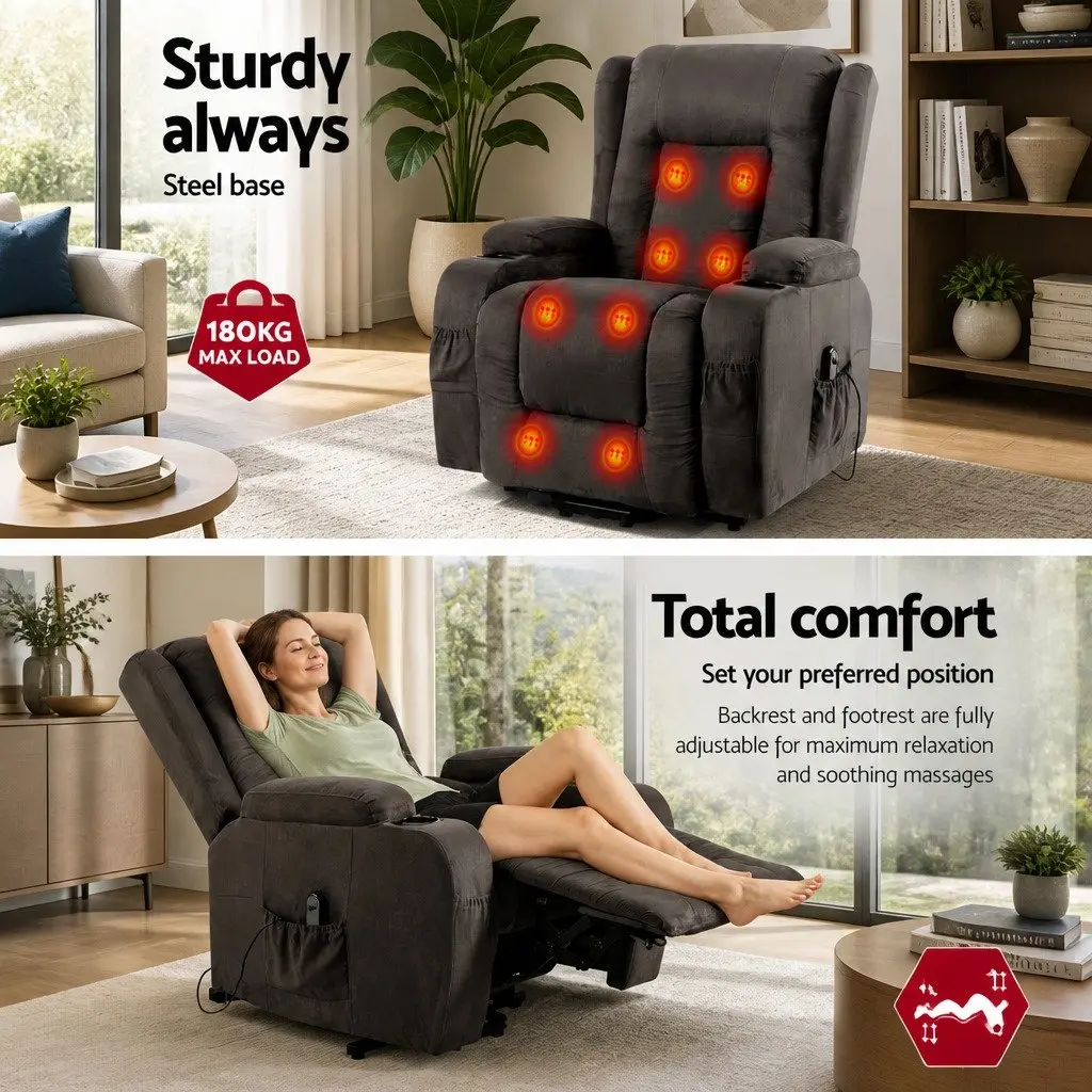 Massage Recliner Chair Lift Assist 8-Point Heated Adjustable Backrest Footrest Grey