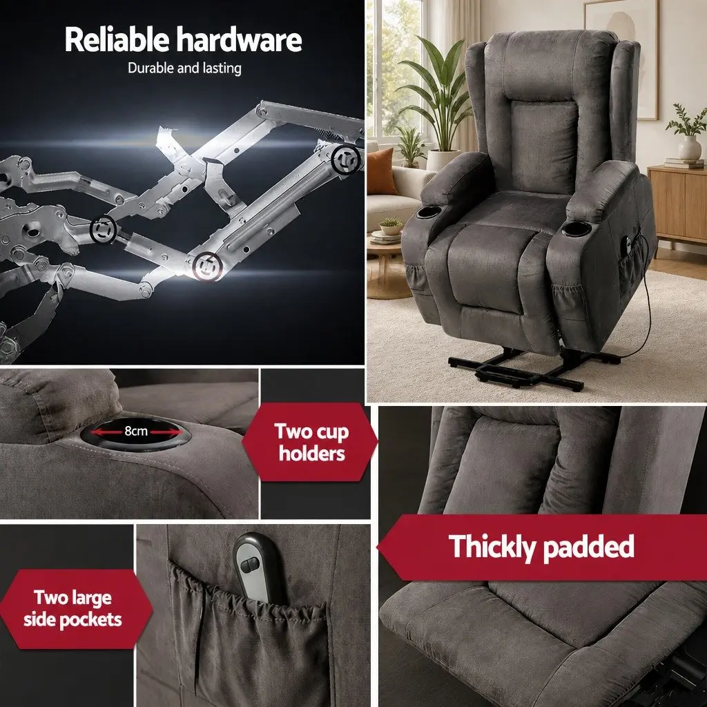 Massage Recliner Chair Lift Assist 8-Point Heated Adjustable Backrest Footrest Grey