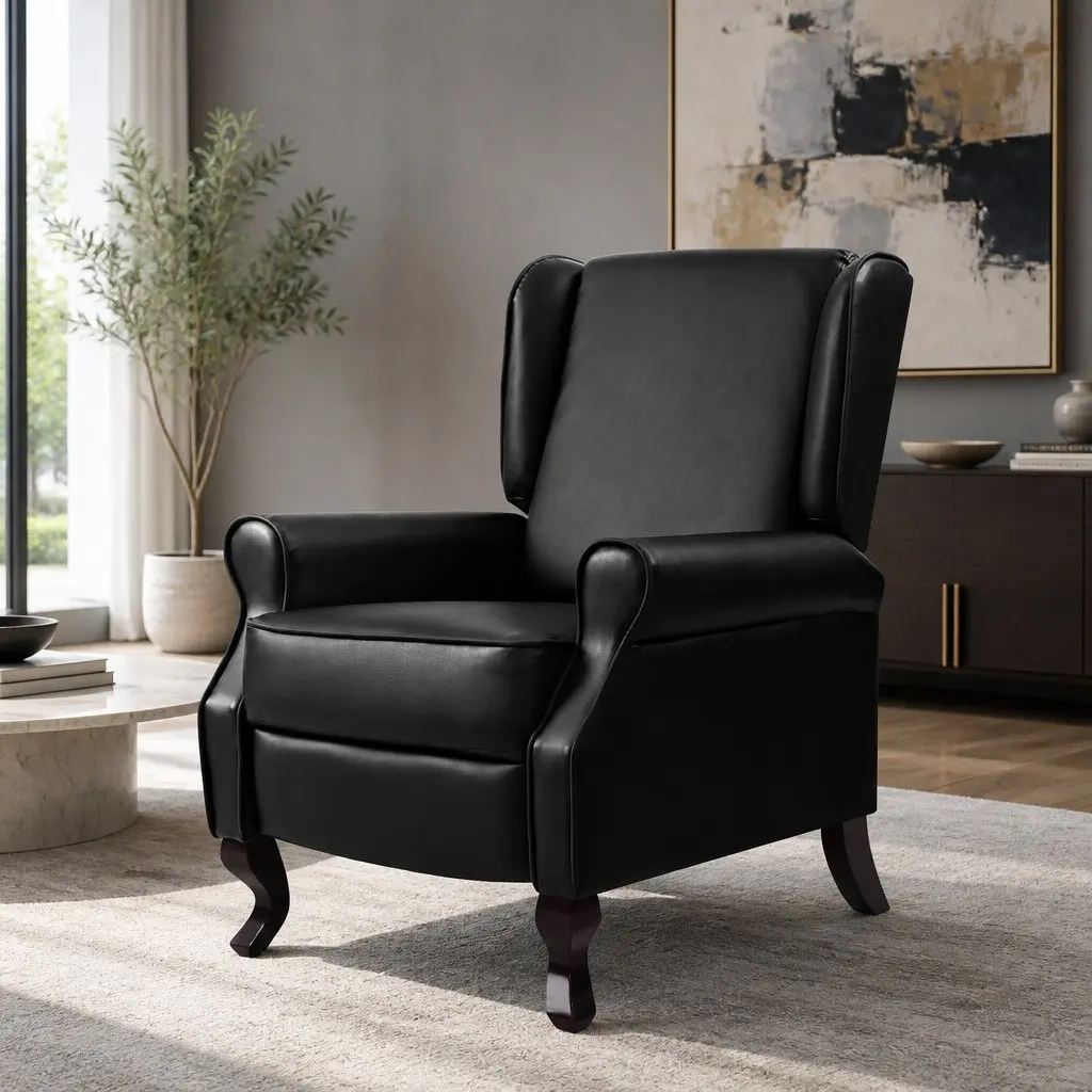 Recliner Armchair Black Faux Leather Adjustable Backrest Footrest Lounge Chair