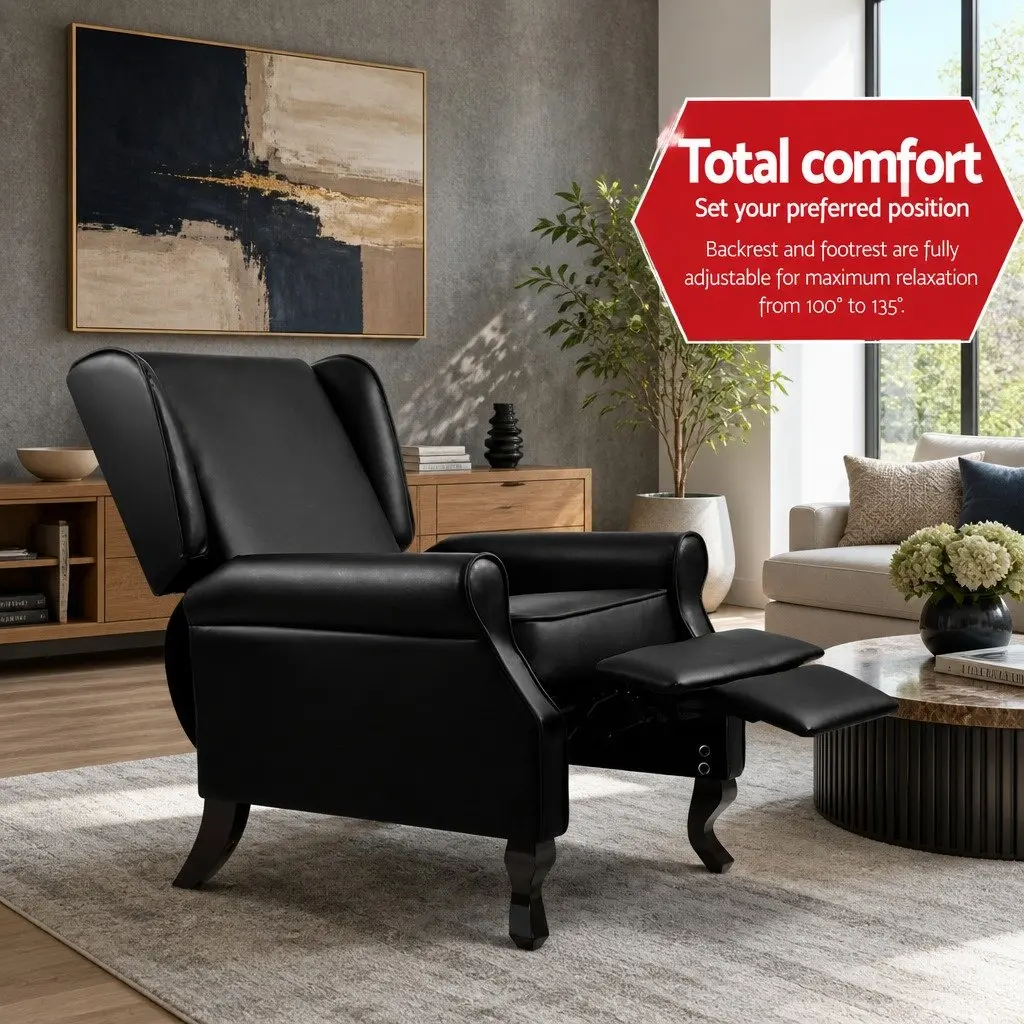 Recliner Armchair Black Faux Leather Adjustable Backrest Footrest Lounge Chair