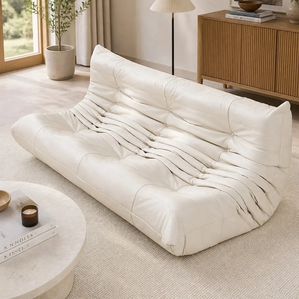 3 Seater Floor Sofa Caterpillar Lounge Microfibre Foam Beige