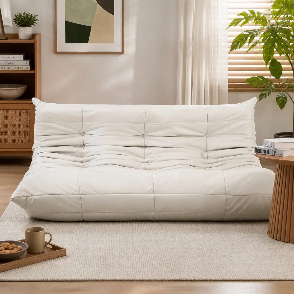 3 Seater Floor Sofa Caterpillar Lounge Microfibre Foam Beige