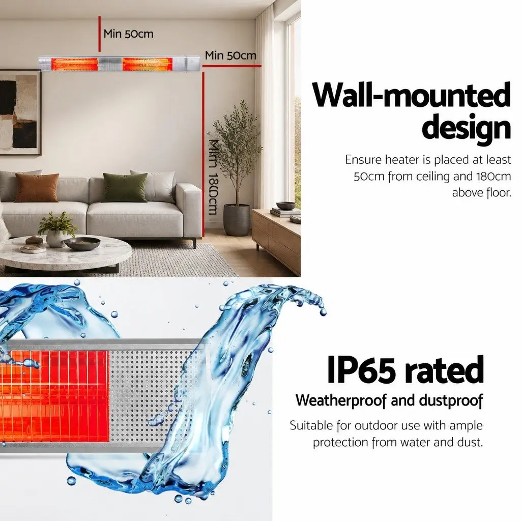 Electric Strip Heater Infrared Radiant Heating System 3000W Wall Mount Silver