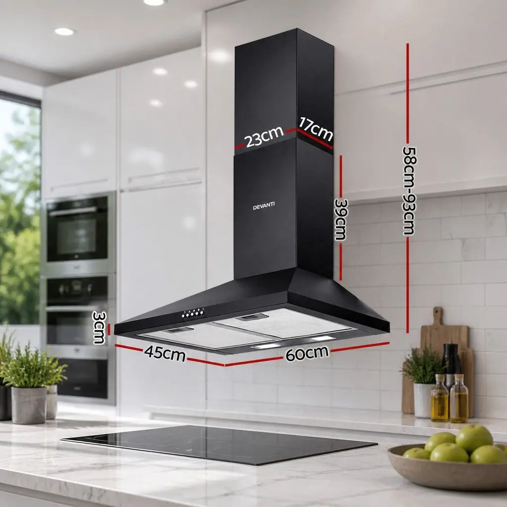 600mm Range Hood Wall Mounted Kitchen Extractor Fan 3-Speed Black