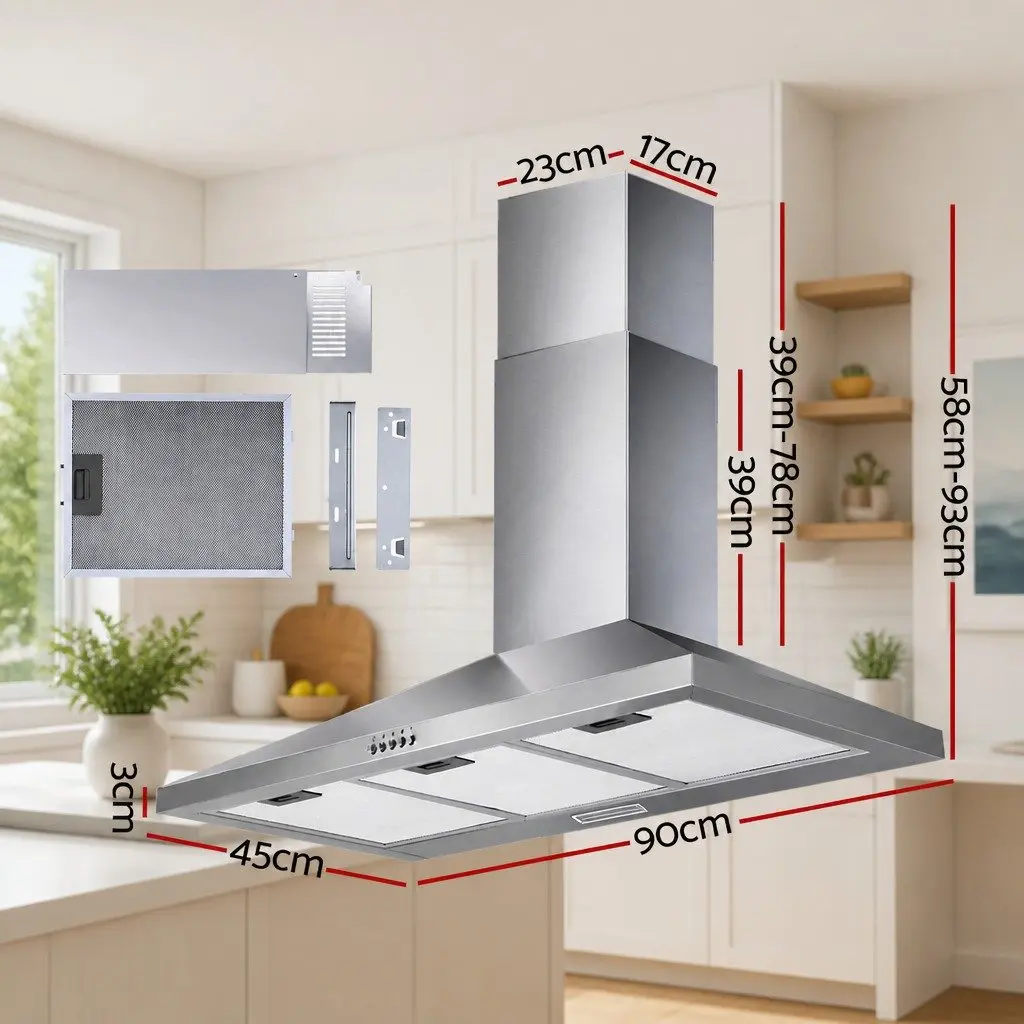 900mmWallMountedExtractorFanStainlessSteelKitchenRangeHoodSilver