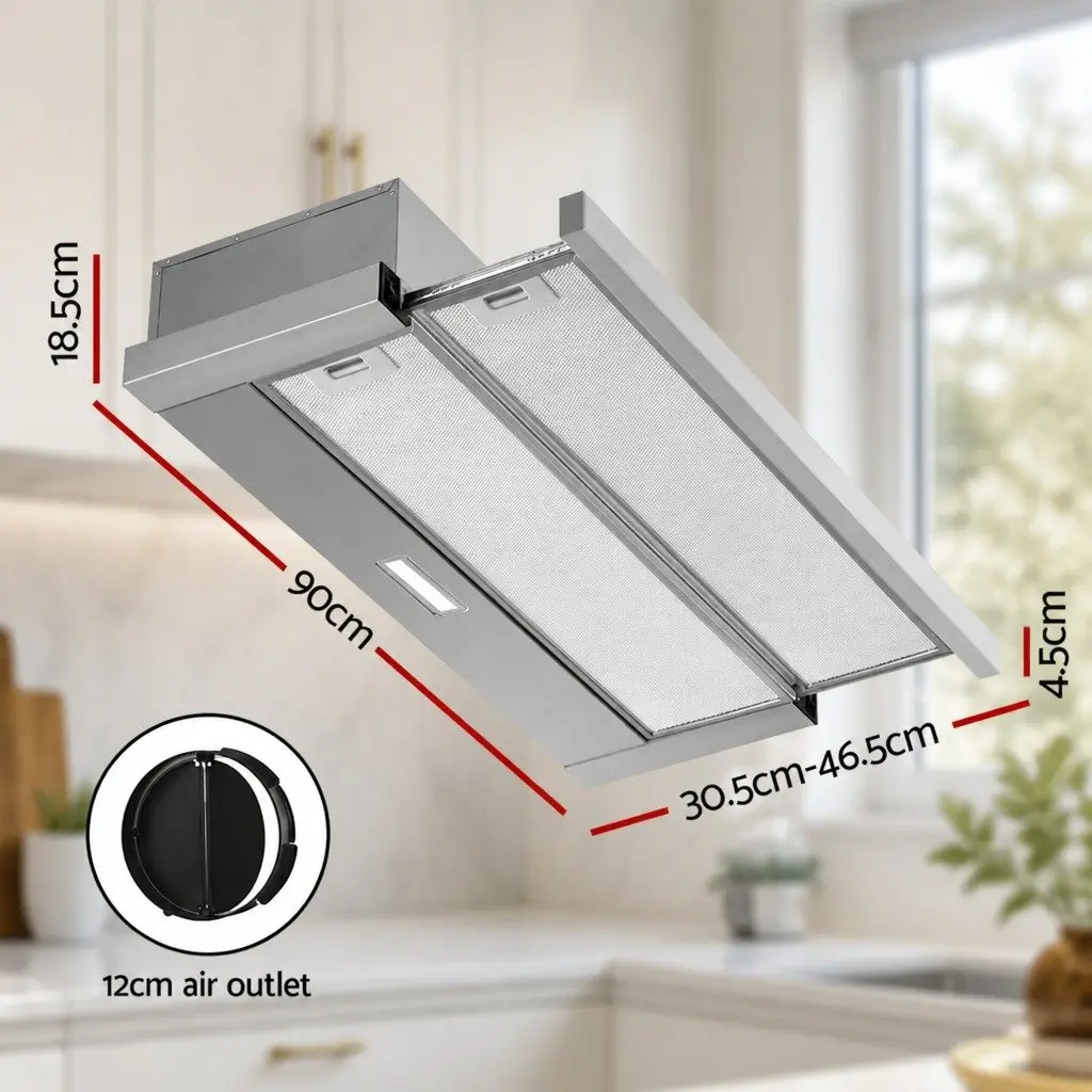 Slide Out Range Hood Kitchen Exhaust 90cm Stainless Steel Silver