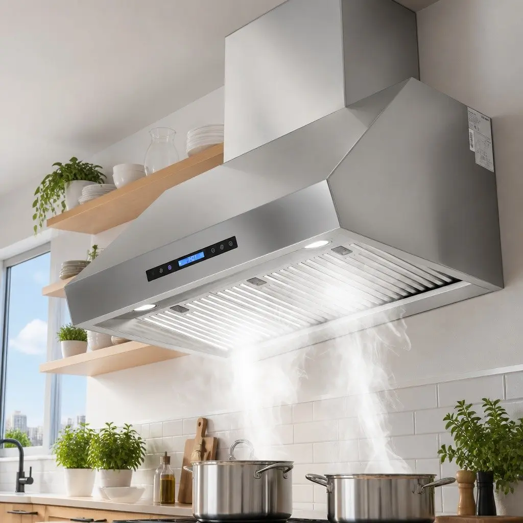 Wall-Mounted Range Hood 900mm Cooking Fumes Management 3-Speed Fan LED Display Remote Control Silver