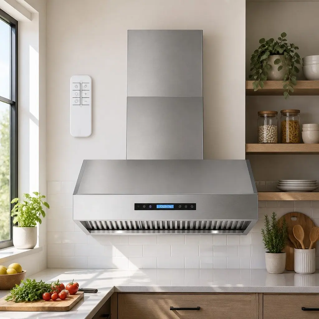 Wall-Mounted Range Hood 900mm Cooking Fumes Management 3-Speed Fan LED Display Remote Control Silver
