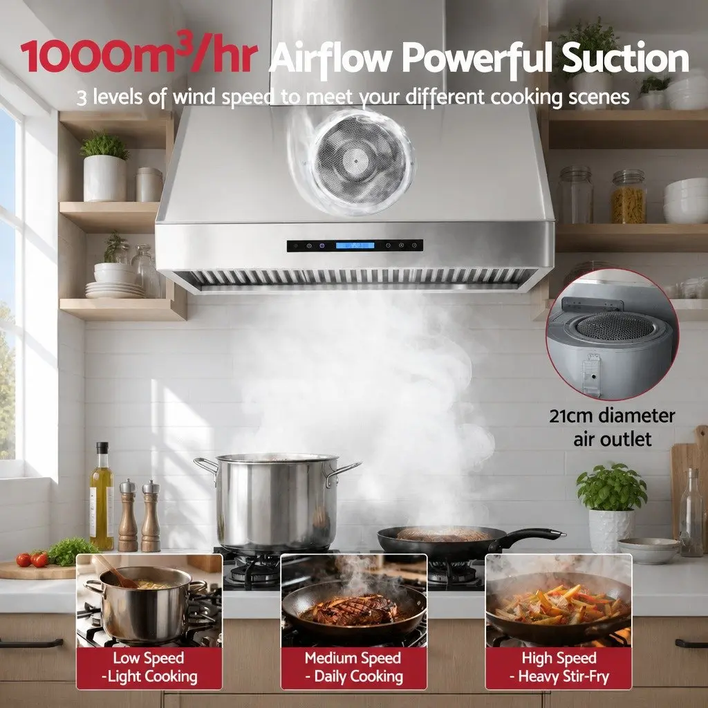 Wall-Mounted Range Hood 900mm Cooking Fumes Management 3-Speed Fan LED Display Remote Control Silver
