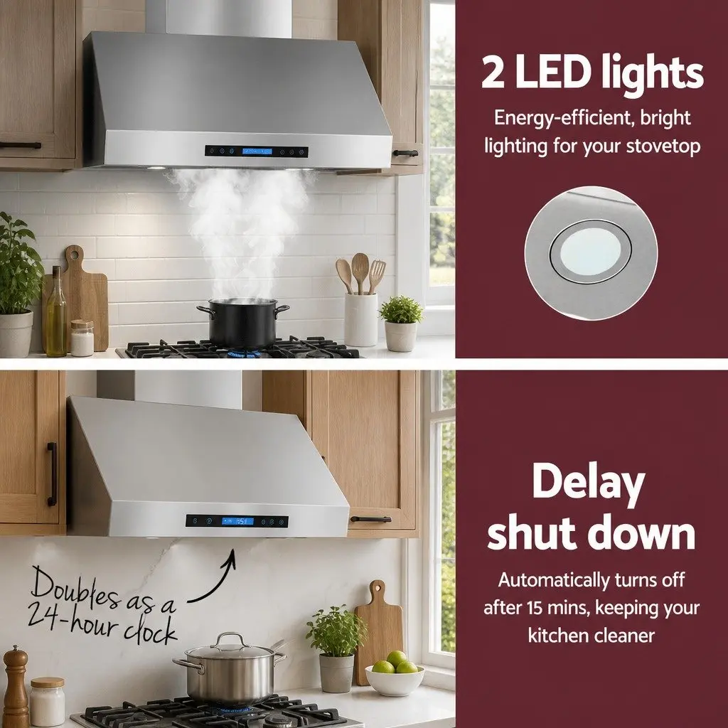 Wall-Mounted Range Hood 900mm Cooking Fumes Management 3-Speed Fan LED Display Remote Control Silver