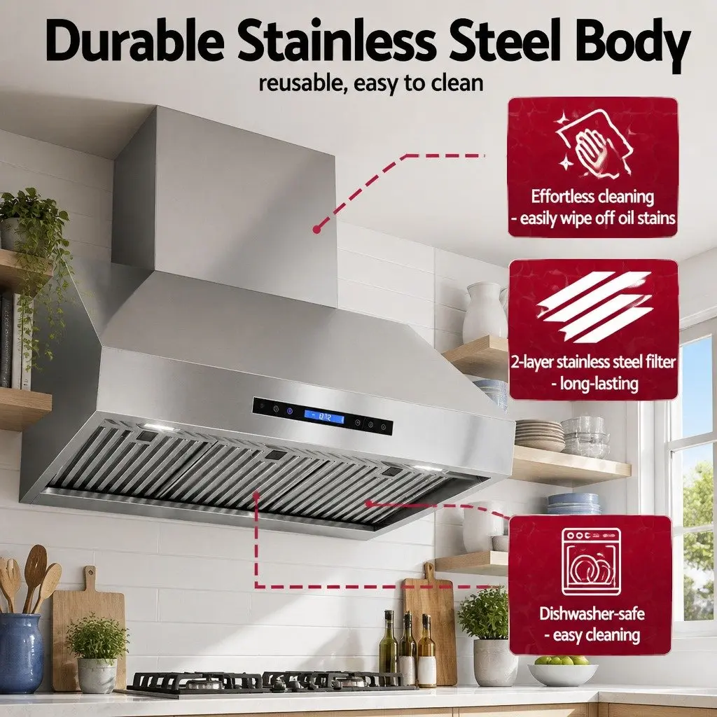 Wall-Mounted Range Hood 900mm Cooking Fumes Management 3-Speed Fan LED Display Remote Control Silver
