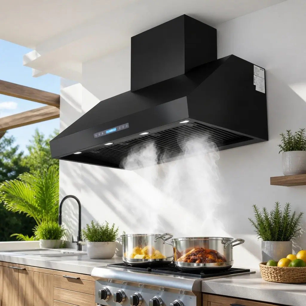1200mm Commercial BBQ Range Hood Dual Motor Remote Control Black