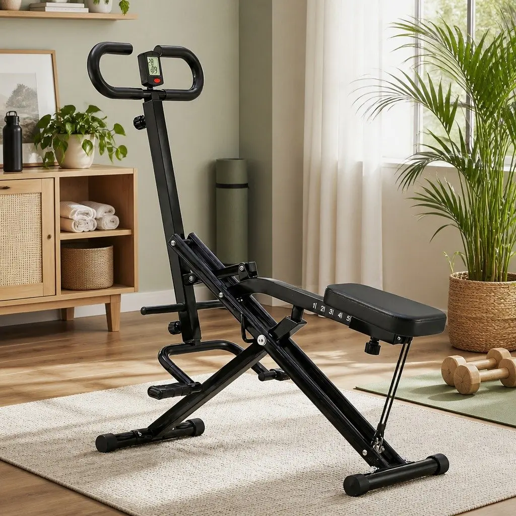 Foldable Squat Machine Adjustable Seat Home Gym Equipment Compact Black