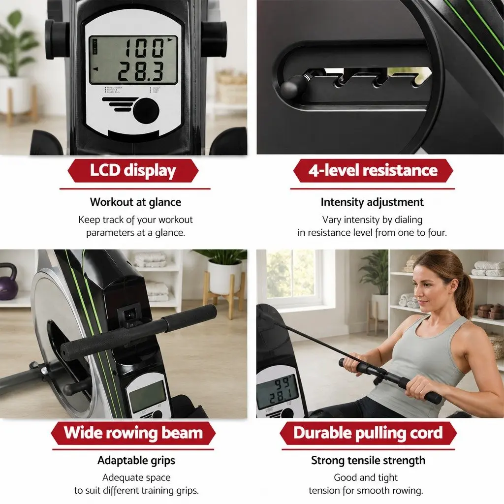 Rowing Machine Home Cardio Exercise Equipment Foldable Elastic Rope Resistance Silver