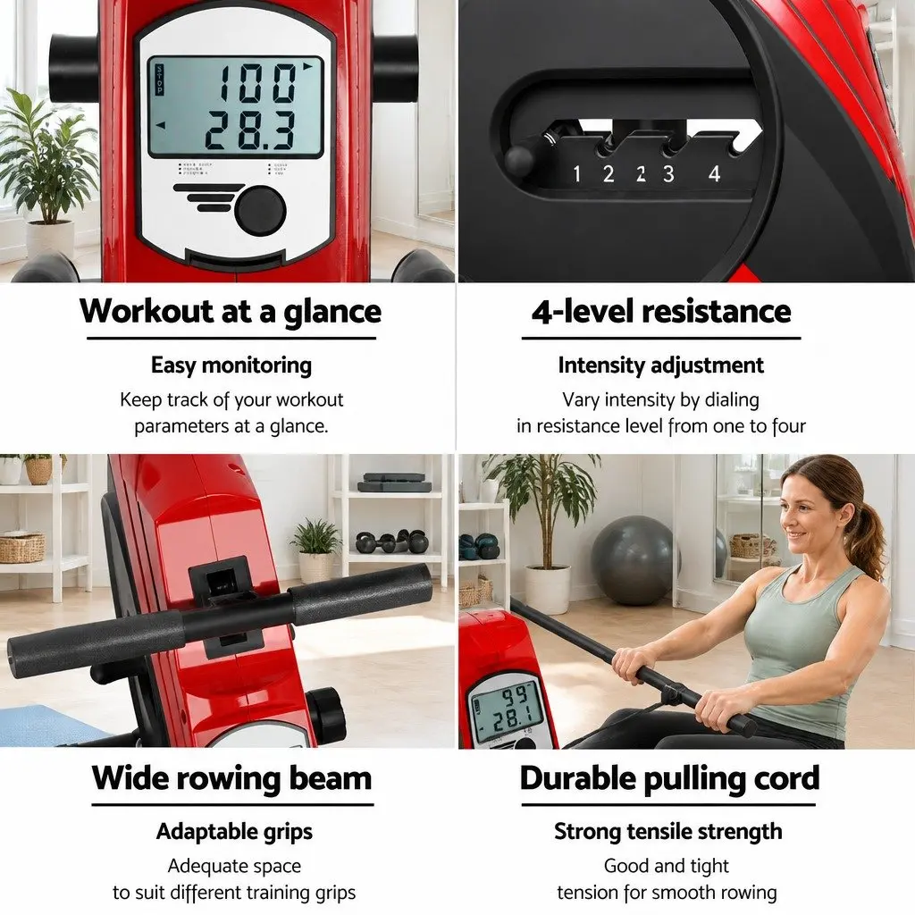 Rowing Machine for Home Fitness with Elastic Rope Resistance Adjustable Levels Black