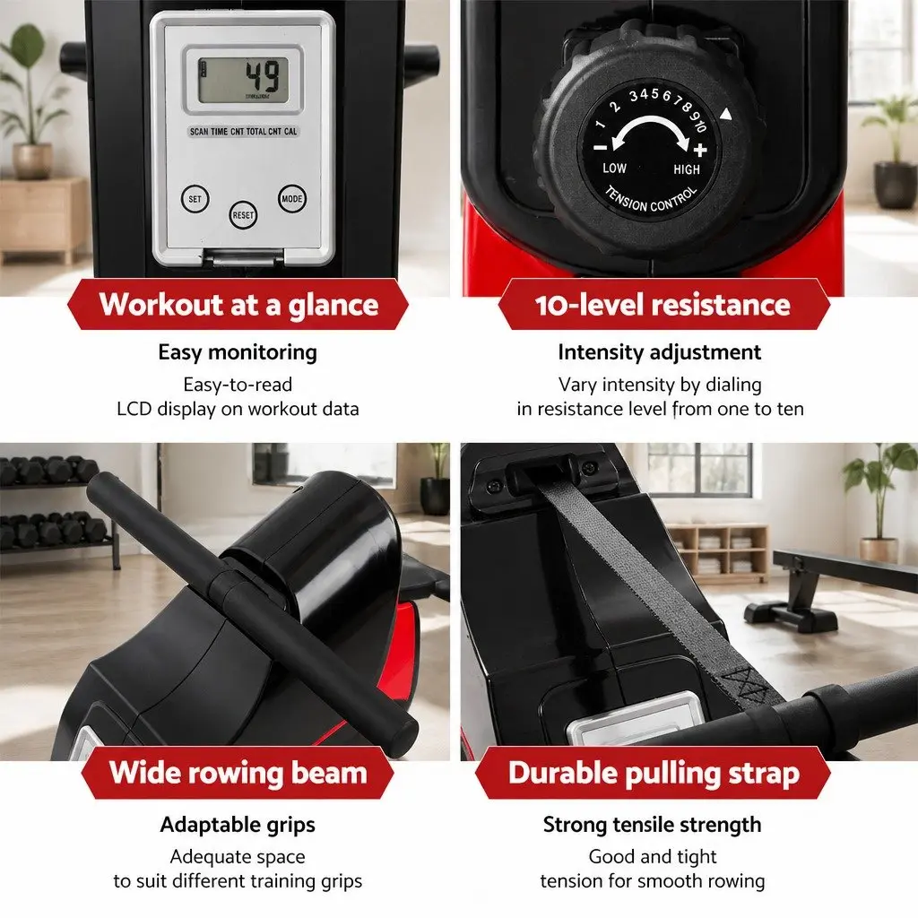 Rowing Machine Magnetic Resistance Home Cardio Exercise Full-Body Workout Steel Frame Black