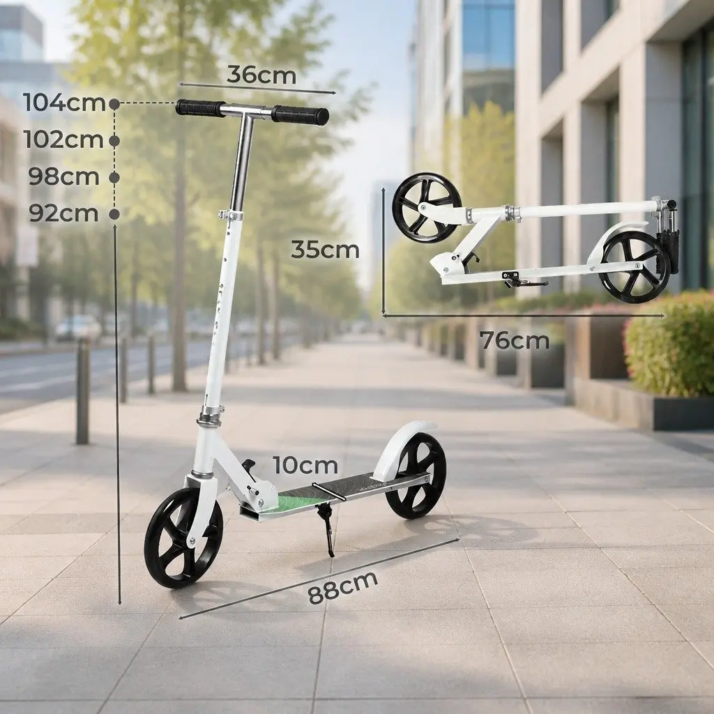 Folding Push Scooter Dual Large Wheels Adjustable Height Teens Adults White