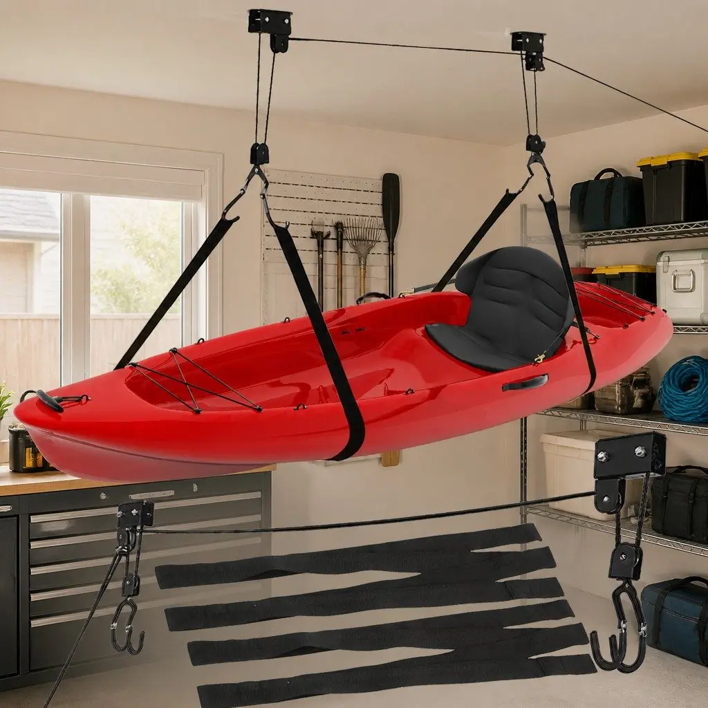 Ceiling Storage Hoist Pulley System 54kg Capacity for Bikes Kayaks Luggage Black