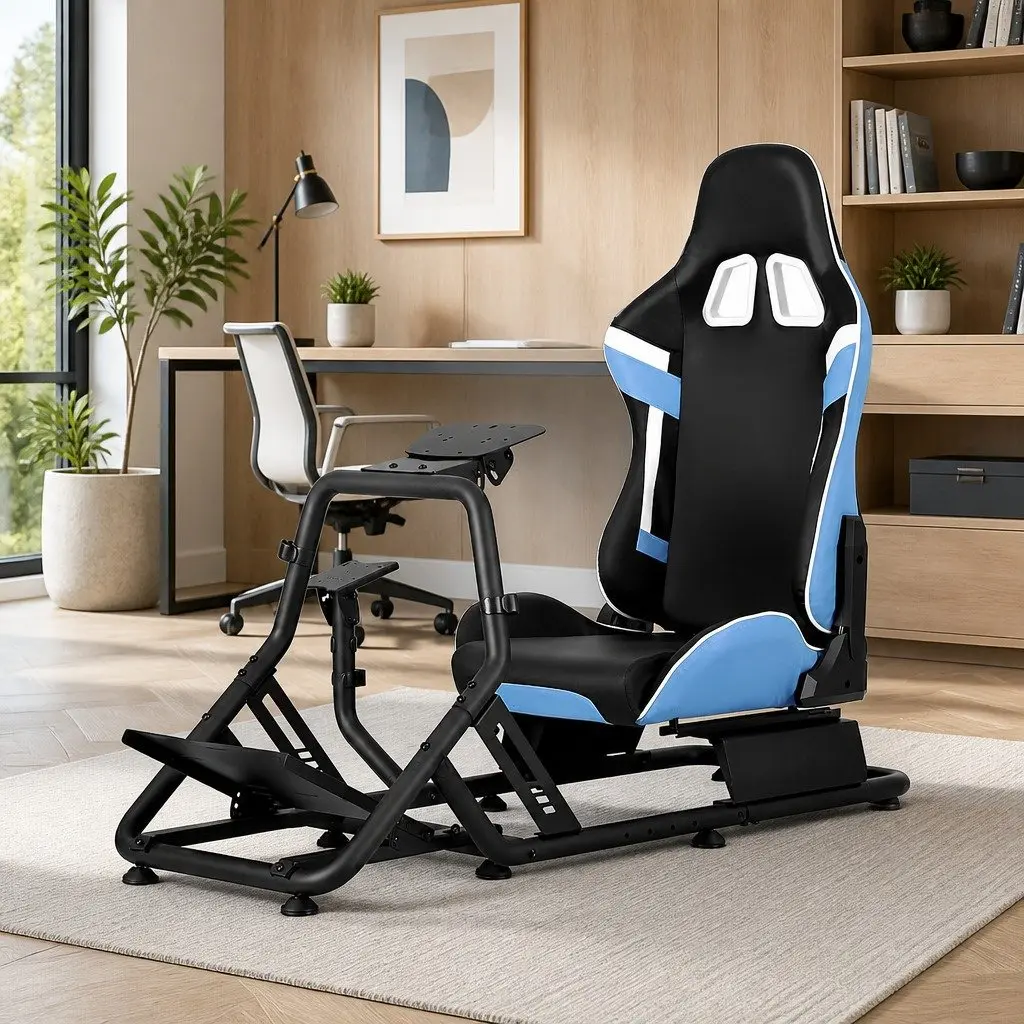 Racing Simulator Cockpit Gaming Chair Adjustable Pedal Mount Black Blue