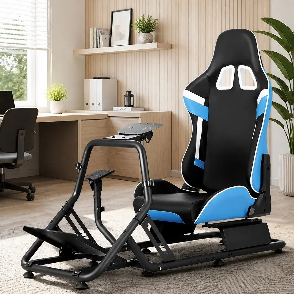 Racing Simulator Cockpit Gaming Chair Adjustable Pedal Mount Black Blue
