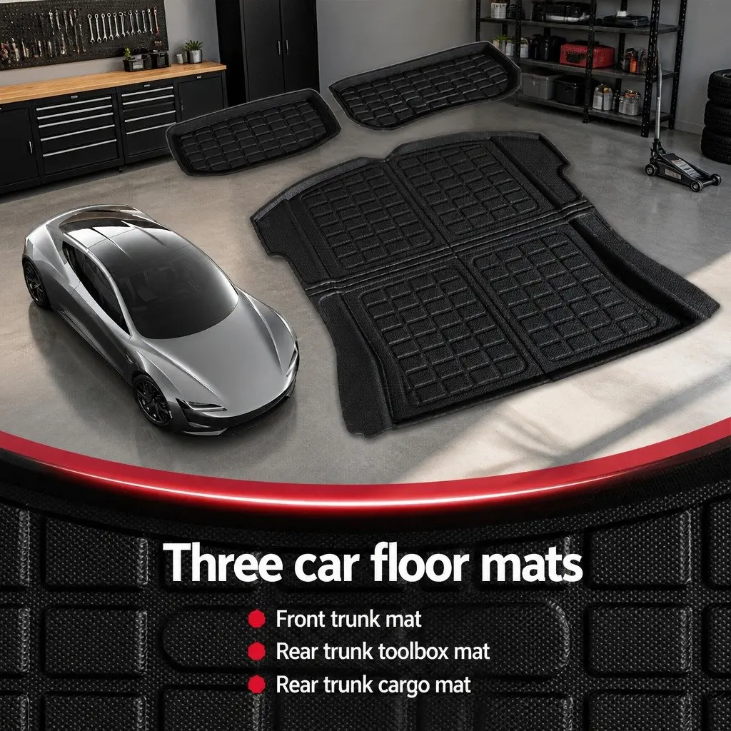 Cargo Trunk Floor Mats Set 3pcs for Tesla Model 3 2021-2024 Black