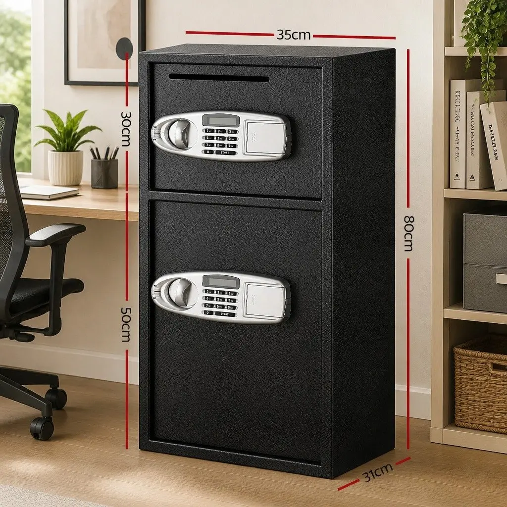Electronic Digital Security Safe Box Dual Compartment Home Office Cash Storage Black