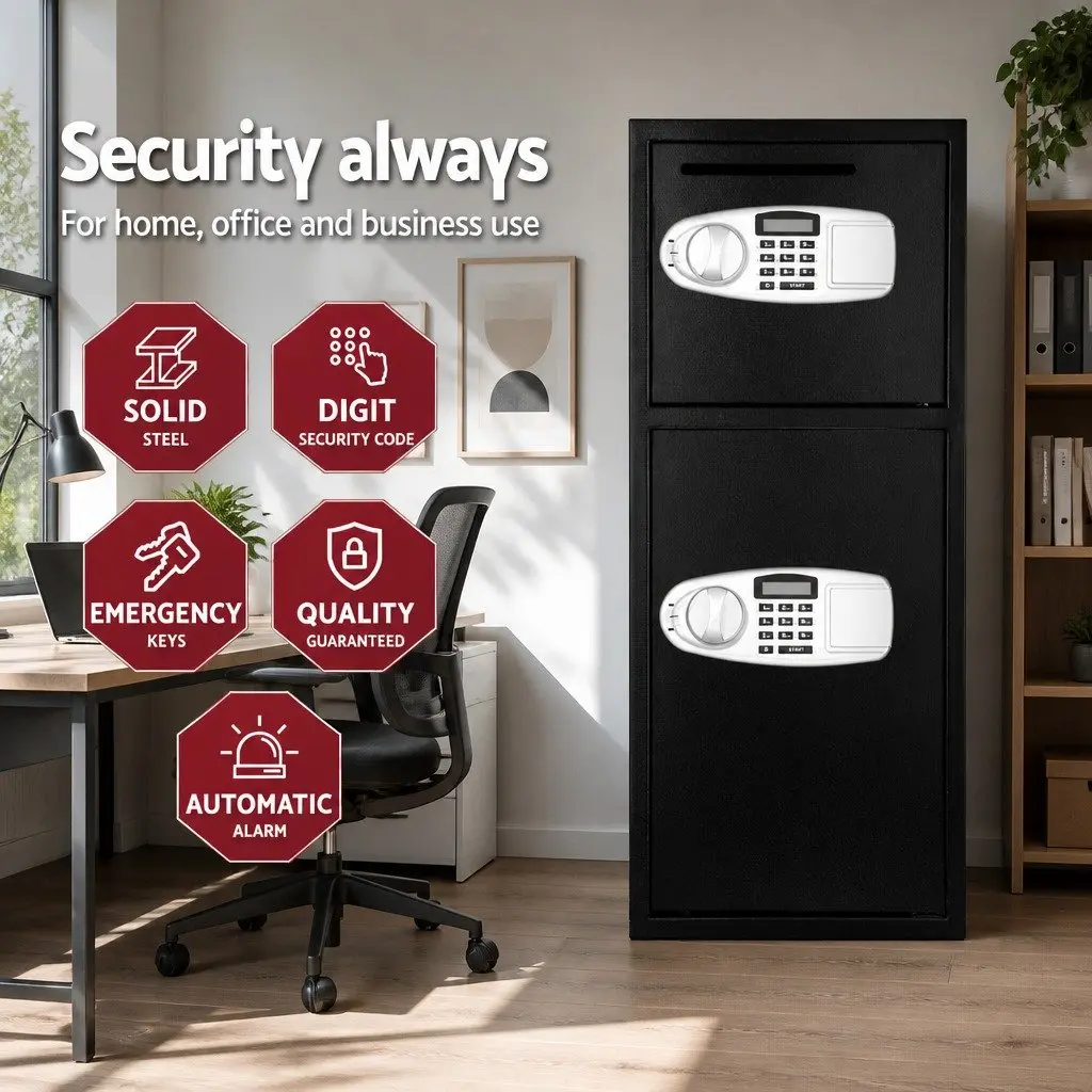 Electronic Digital Security Safe Box Dual Compartment Home Office Cash Storage Black