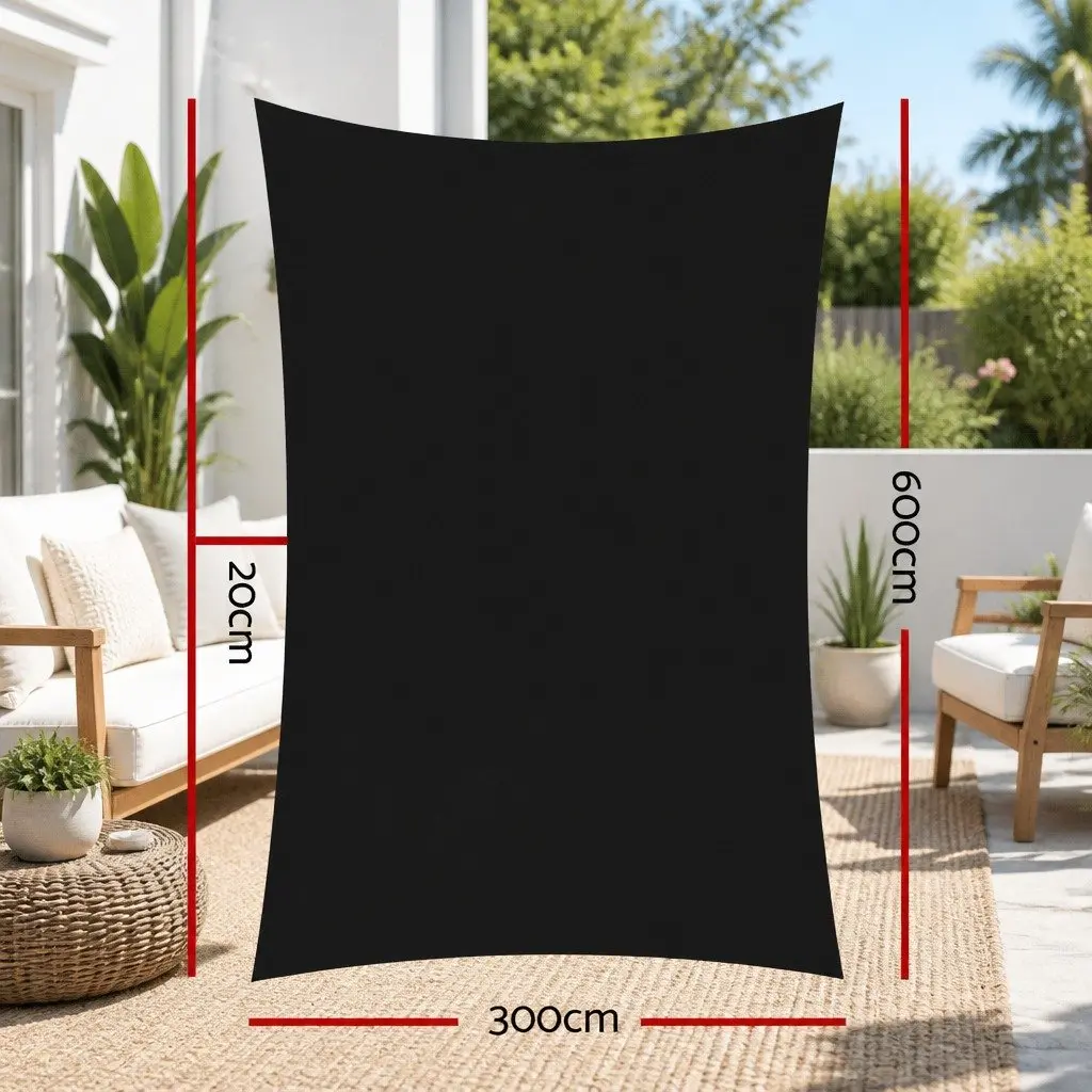 Rectangle Shade Sail 3x6m Black Outdoor UV Protection Commercial Grade 280GSM
