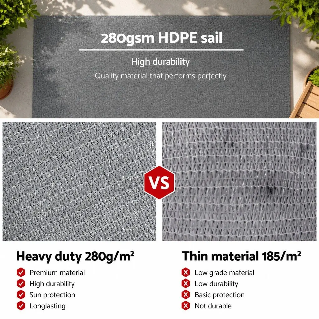 Rectangle Shade Sail Grey 5x6m Outdoor UV Protection Cover 280GSM Durable Fabric