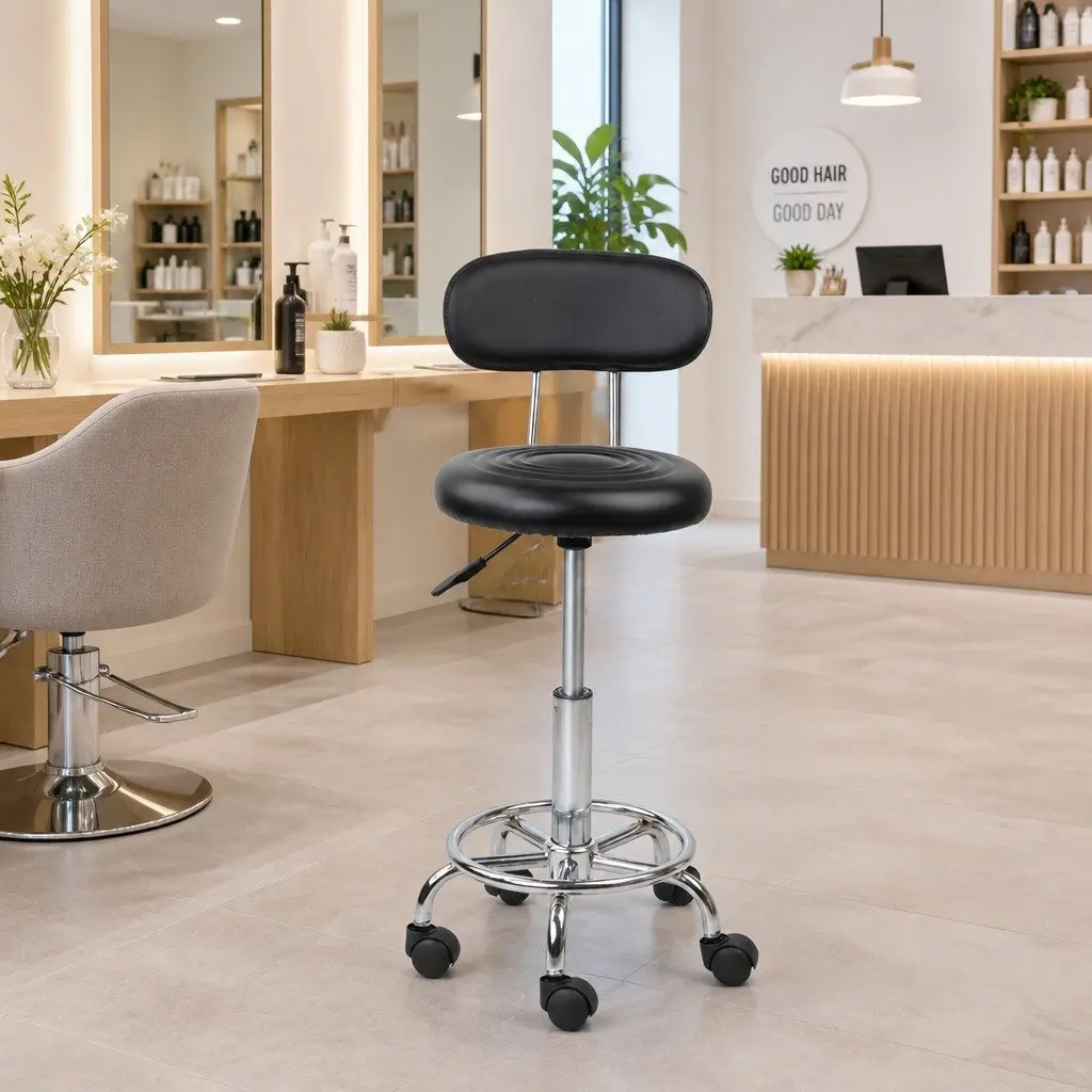Salon Stool Swivel Chair Adjustable Height Black Backrest