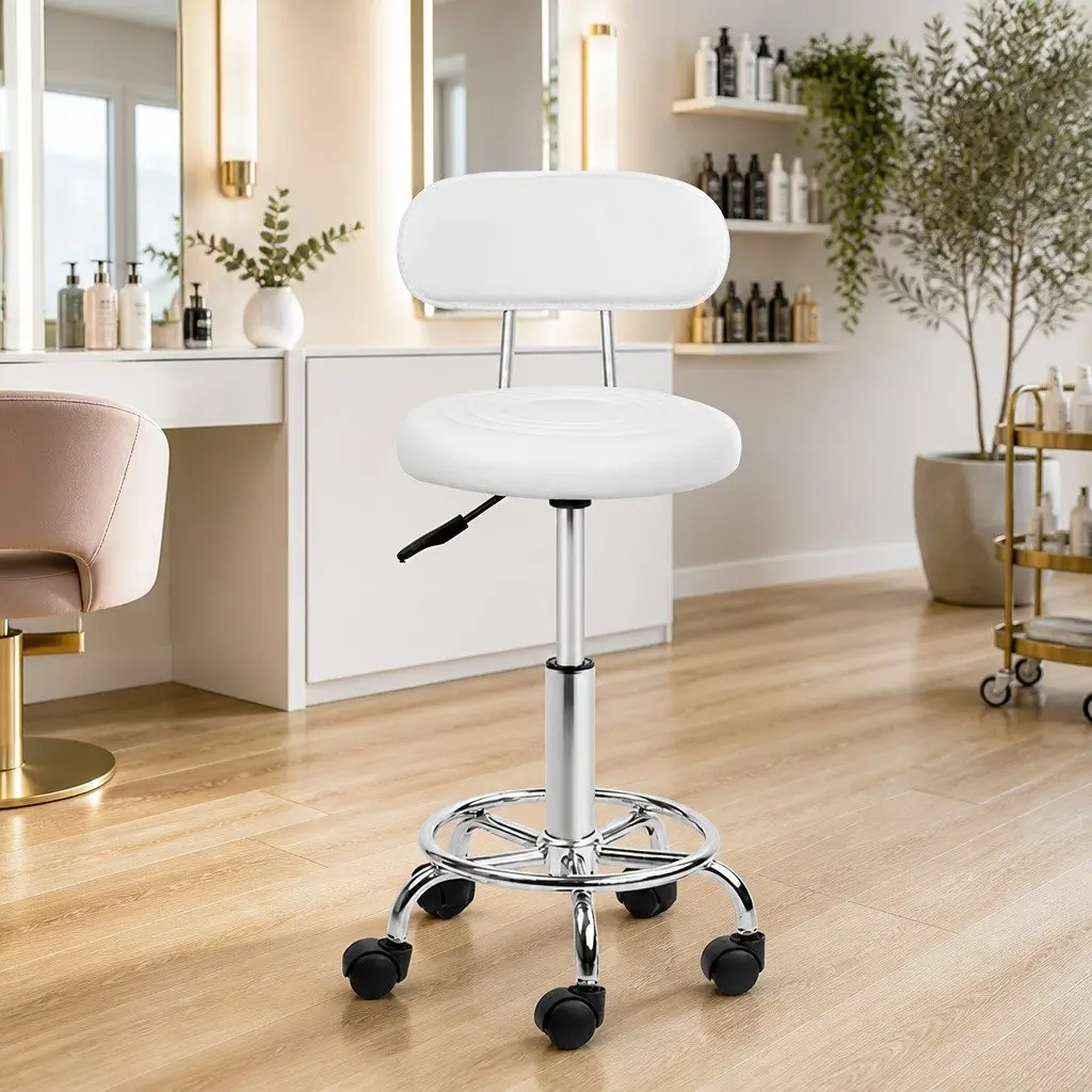 Swivel Salon Stool with Backrest Adjustable Height Round White