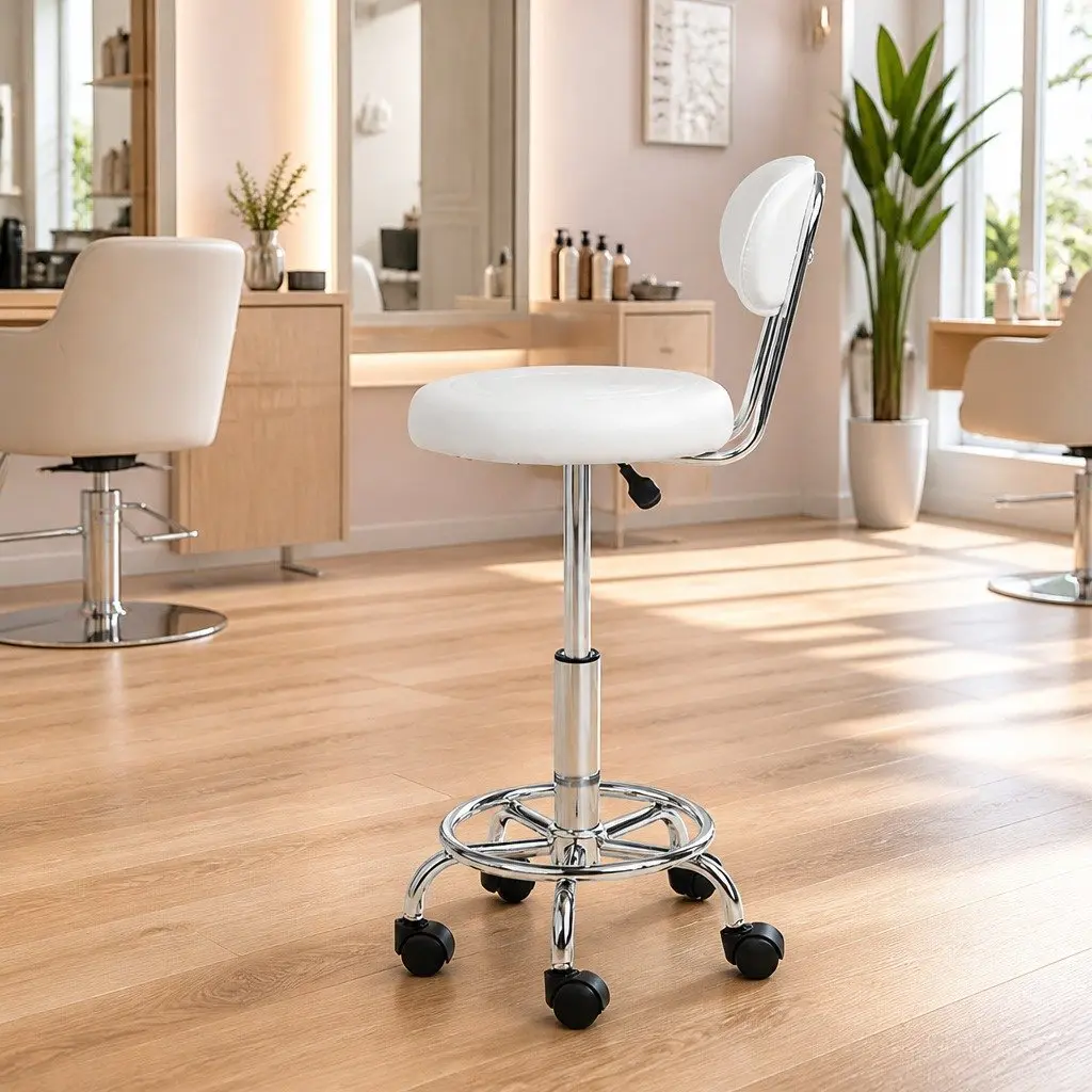 Swivel Salon Stool with Backrest Adjustable Height Round White