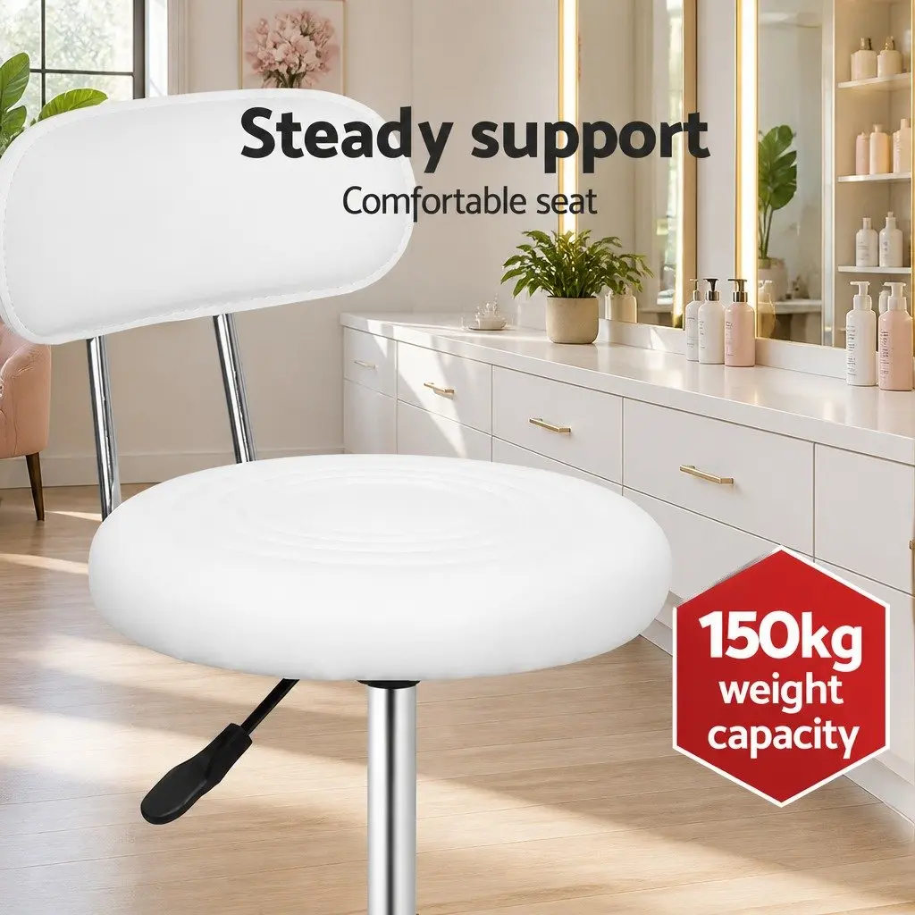 Salon Stool Swivel Chair Backrest Adjustable Height Castor Wheels White x2