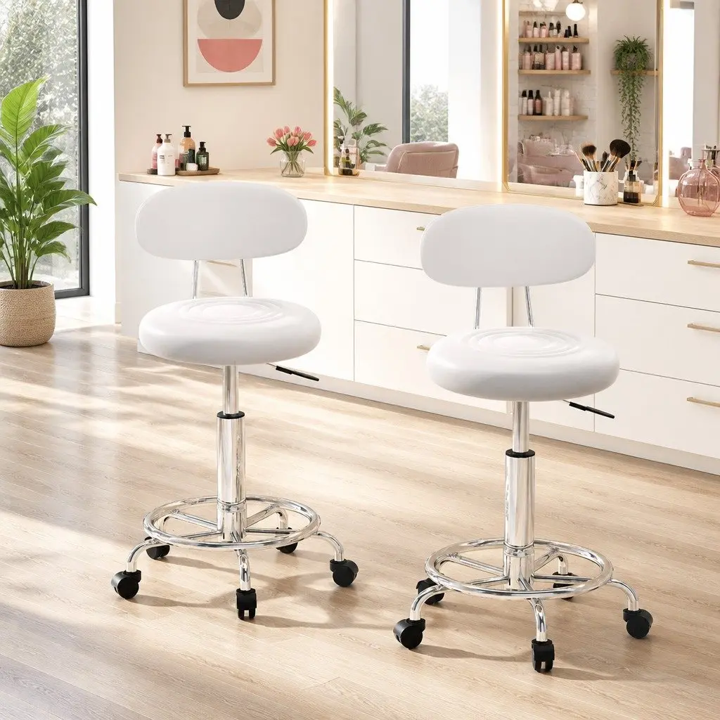 Salon Stool Swivel Chair Backrest Adjustable Height Castor Wheels White x2
