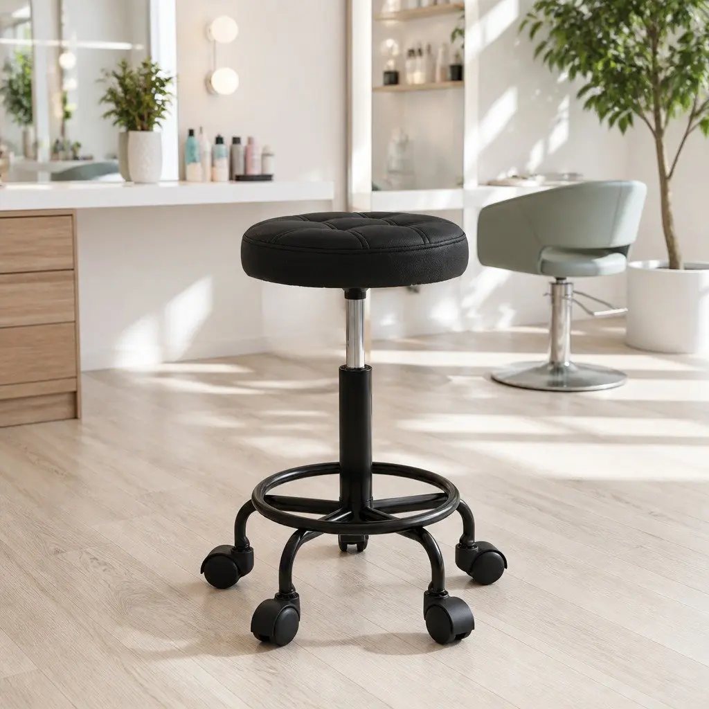 Salon Stool Swivel Chair Adjustable Height Black 360° Rotation PU Leather