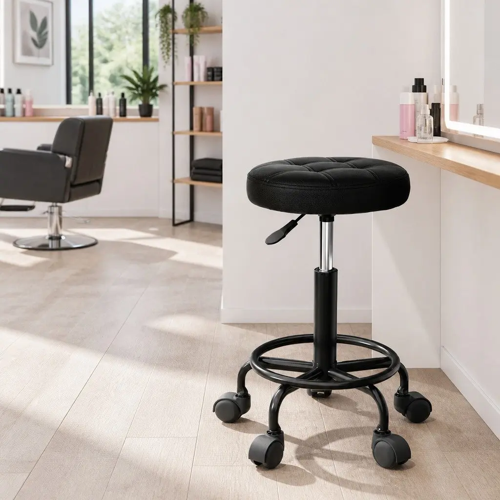 Salon Stool Swivel Chair Adjustable Height Black 360° Rotation PU Leather
