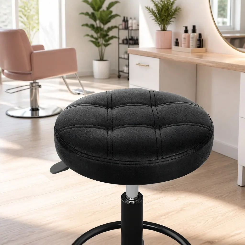 Salon Stool Swivel Chair Adjustable Height Black 360° Rotation PU Leather