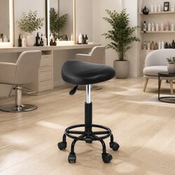 Salon Stool Saddle Swivel Chair Adjustable Height Black PU Leather Comfort Seat