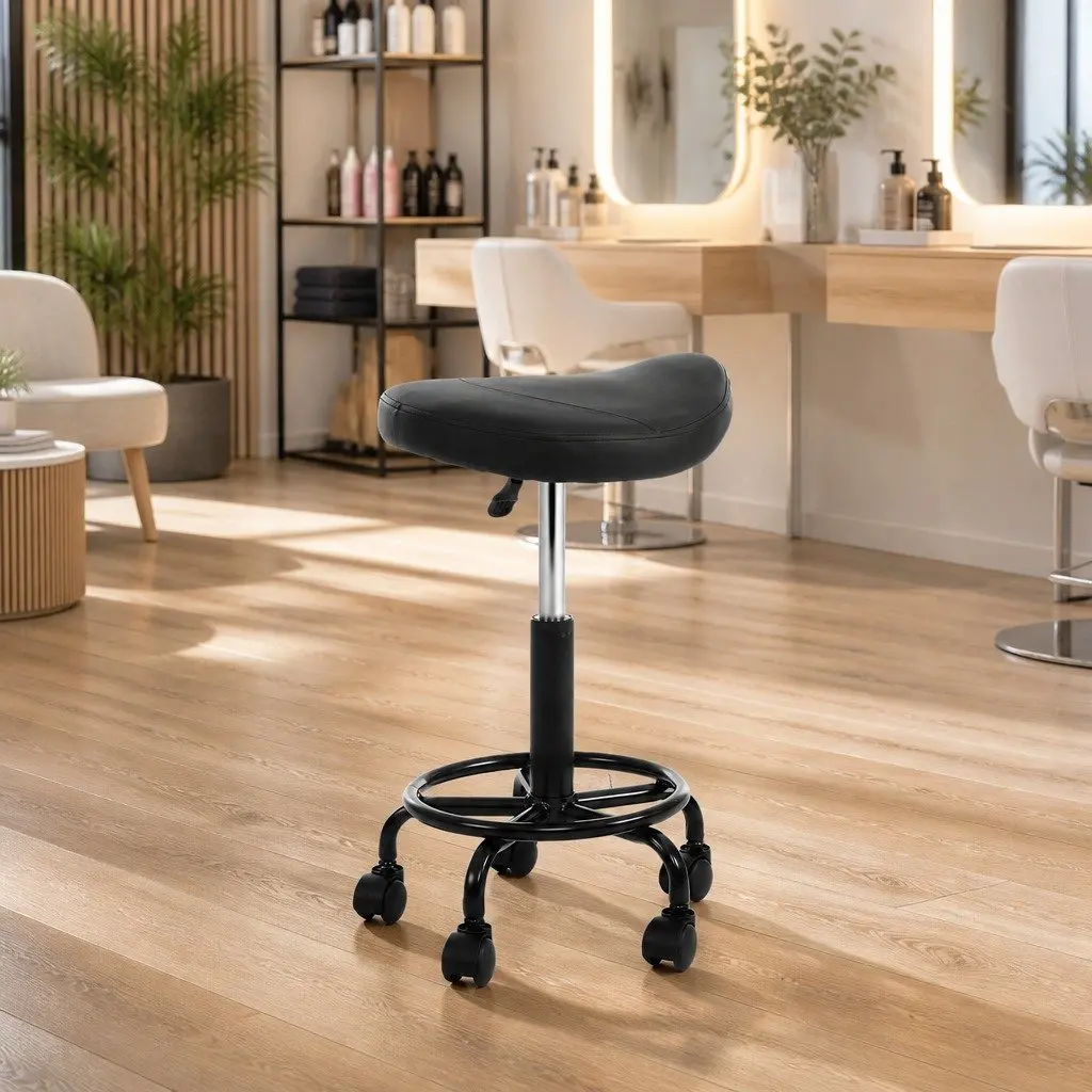 Adjustable Height Saddle Stool Swivel Chair Black PU Leather for Salon and Clinic