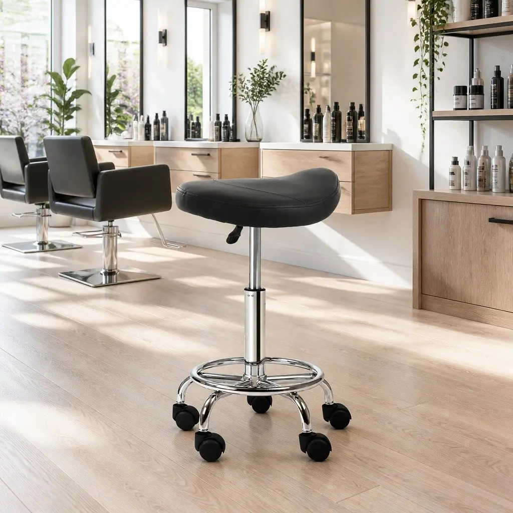 Salon Stool Saddle Swivel Chair Black Adjustable Height Barber Tattoo Parlour