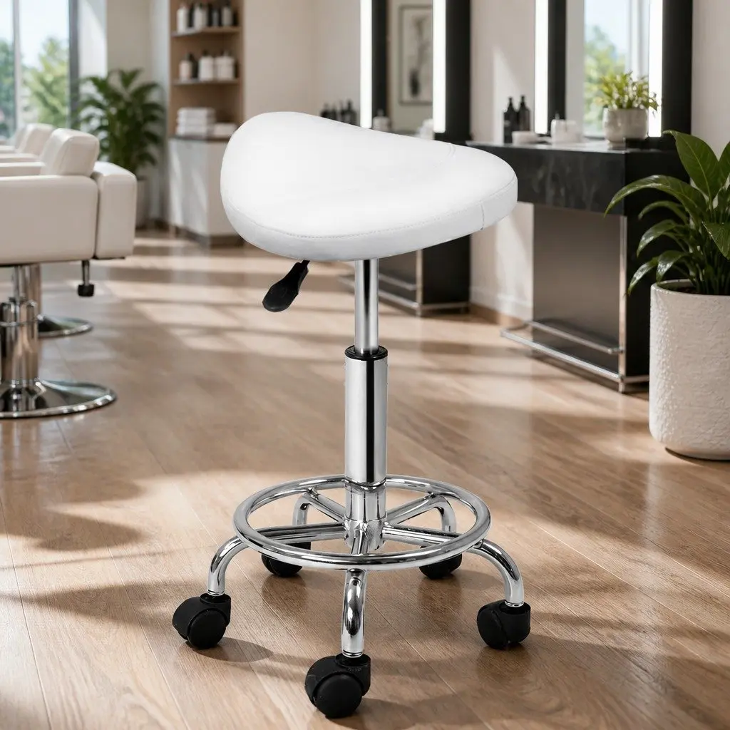 Salon Stool Saddle Swivel Chair Adjustable Height White 360 Degree Rotatable Footrest