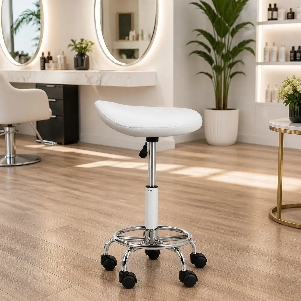 Salon Stool Saddle Swivel Chair Adjustable Height White 360 Degree Rotatable Footrest