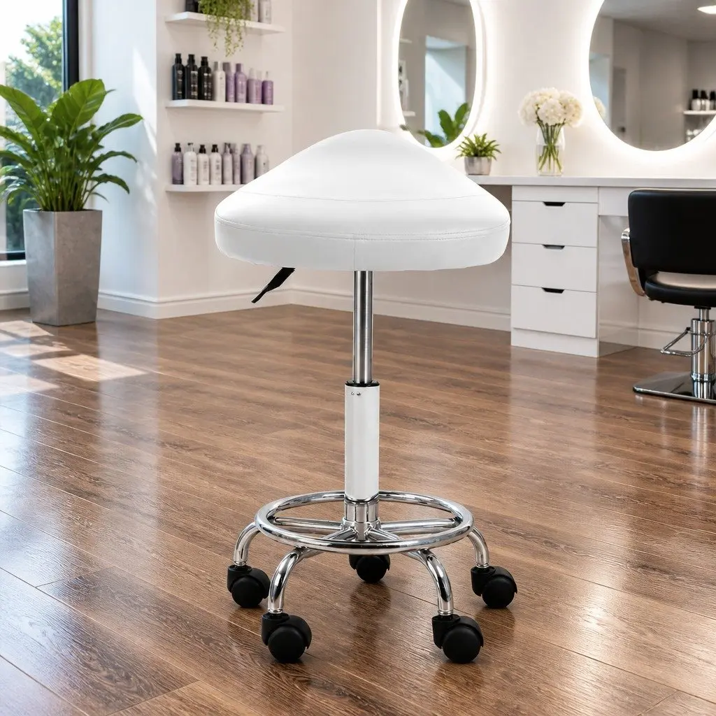 Salon Stool Saddle Swivel Chair Adjustable Height White 360 Degree Rotatable Footrest