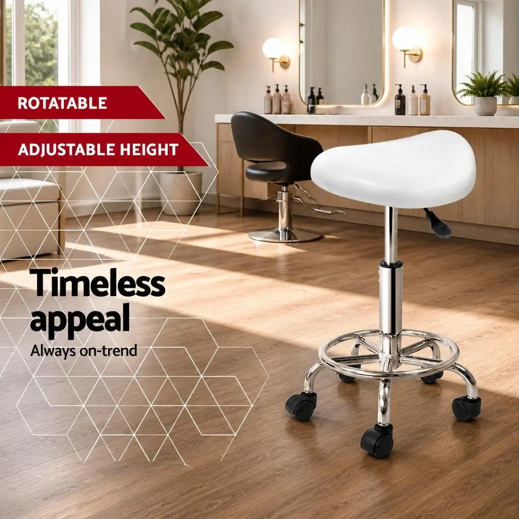 Salon Stool Saddle Swivel Chair Adjustable Height White 360 Degree Rotatable Footrest