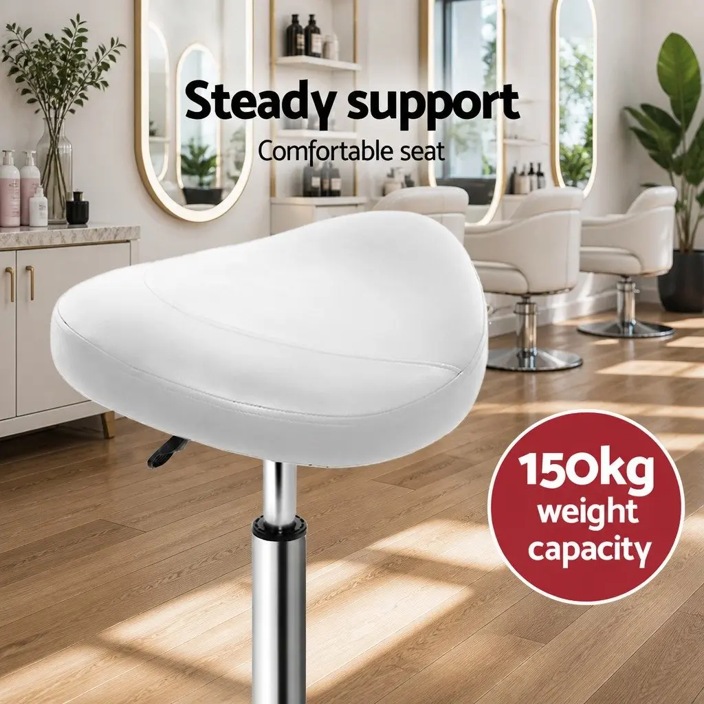Salon Stool Saddle Swivel Chair Adjustable Height White 360 Degree Rotatable Footrest