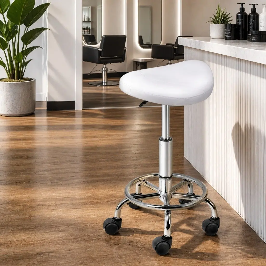 Salon Stool Saddle Swivel Chair Adjustable Height White 360 Degree Rotatable Footrest
